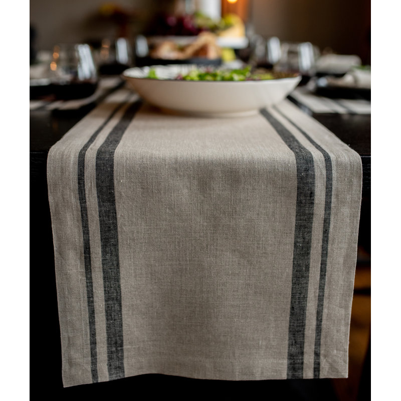 French Stripe - 100% Pure Linen Table Runner, Black/Natural, 36" x 14"