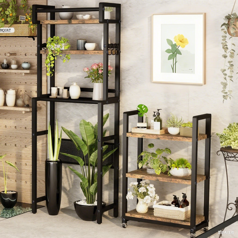 6-Tier Over The Toilet Storage Rack With A Storage Cart, Farmhouse Space Saver Bathroom Organizer Shelves Over Toilet, Freestanding Over Toilet Rack With 6 Hooks, Rustic Brown