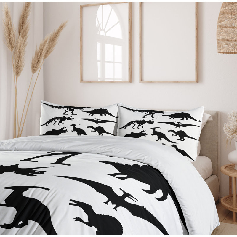 Twin Black and White Dinosaur Skeleton Duvet Cover Set