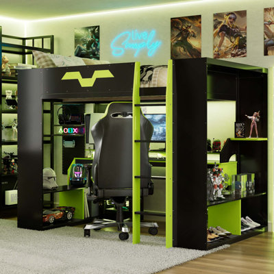 Lit mezzanine en bois pleine grandeur avec prise de courant et ports USB / Type-C, gestion des câbles intégrée et éclairage RVB
