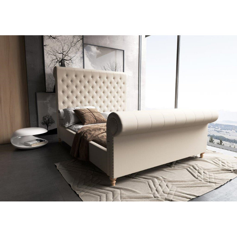 Lit-bateau tapissier capitonné Empire, Crème, Double