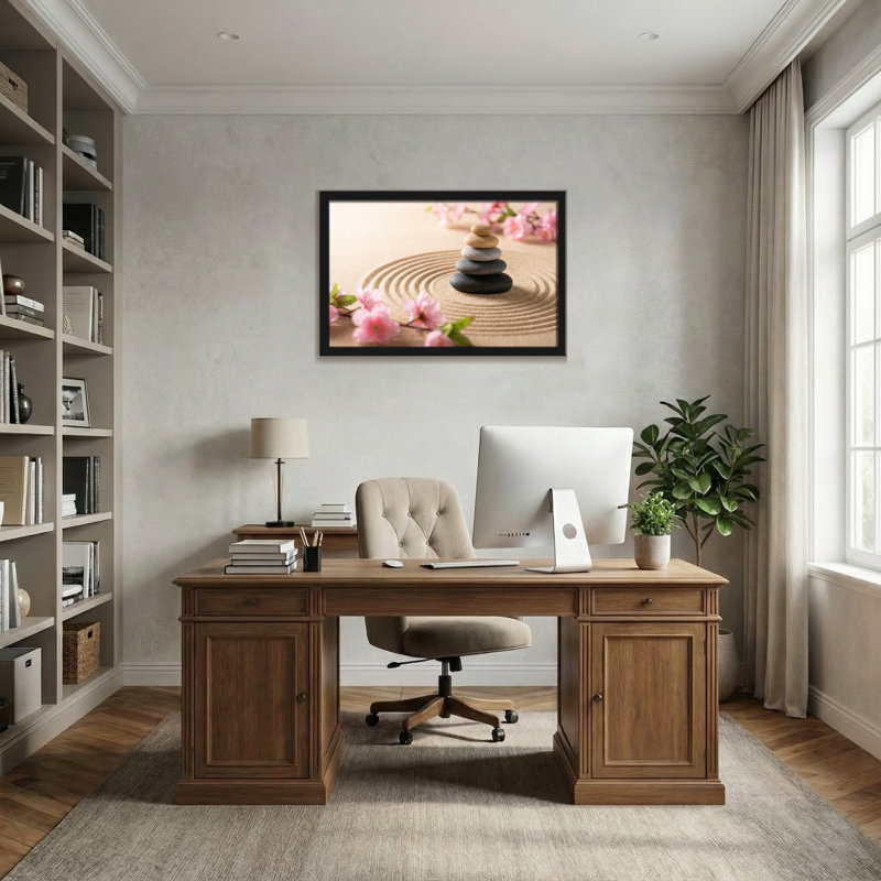 Fashion Zen, pierres de jardin, ondulations de sable, cerisiers en fleurs, H 16 po x l 24 po