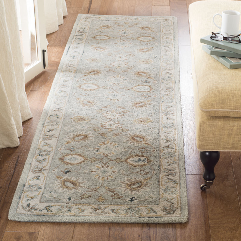 Tapis turquoise / ivoire en laine fait à la main Desmondia, Runner 2'3" x 10'