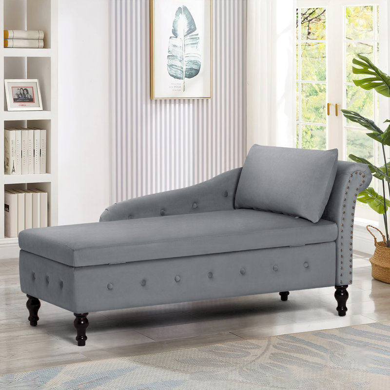 Chaise longue en velours avec accoudoir droit et espace de rangement, Gris