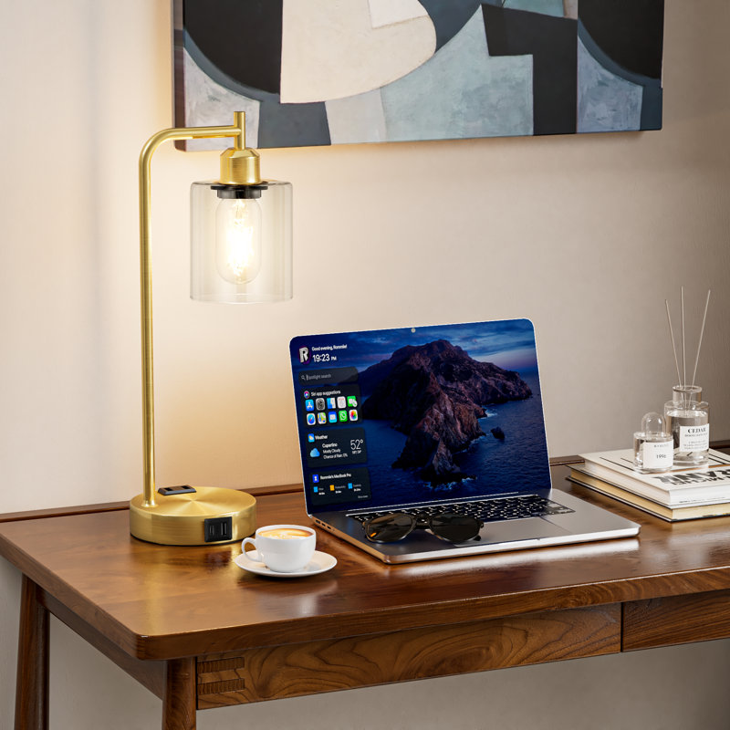 16.5'' Industrial Glass Table Lamp Set with Touch Control, AC Outlet and USB A&C, Gold