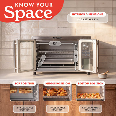 Gourmia French Door Digital Air Fryer Oven With Convection Mode, 14 Cooking Functions, Air Fry Basket, Oven Rack, Baking Pan And Crumb Tray