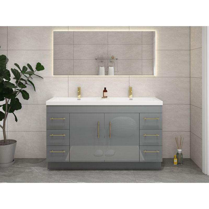 Ensemble de meuble-lavabo double 60 po Carliss, Gris lustré, Or