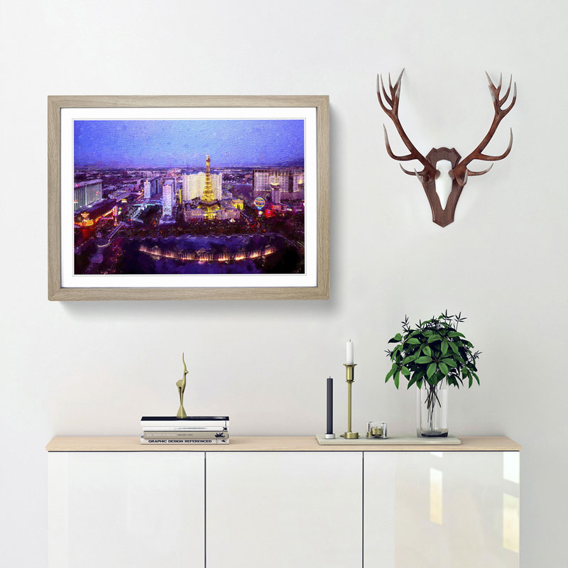 The Las Vegas Strip and Skyline in Nevada - Picture Frame Painting Print, 27cm H x 36cm W x 2cm D, Oak Framed