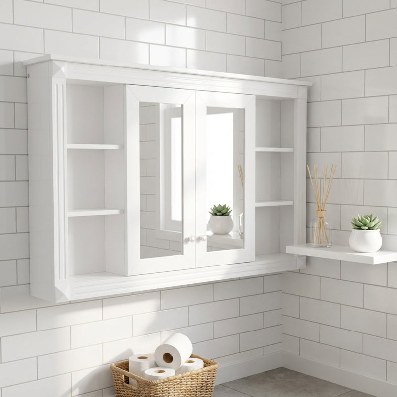 Grande armoire à miroir murale avec rangement réglable et tablettes ouvertes pour l'organisation de la salle de bain, de la chambre à coucher ou du meuble-lavabo