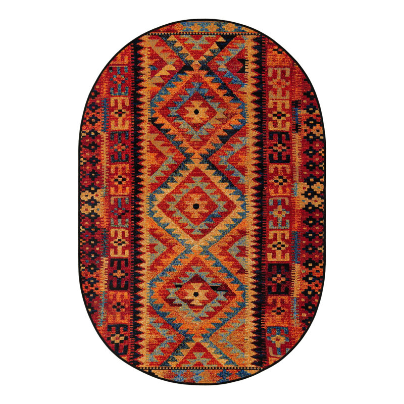Lidio Southwestern Machine Made Power Loom Polypropylene Indoor / Outdoor Area Rug in Red/Yellow/Blue, Oval 4'1" x 6'1"