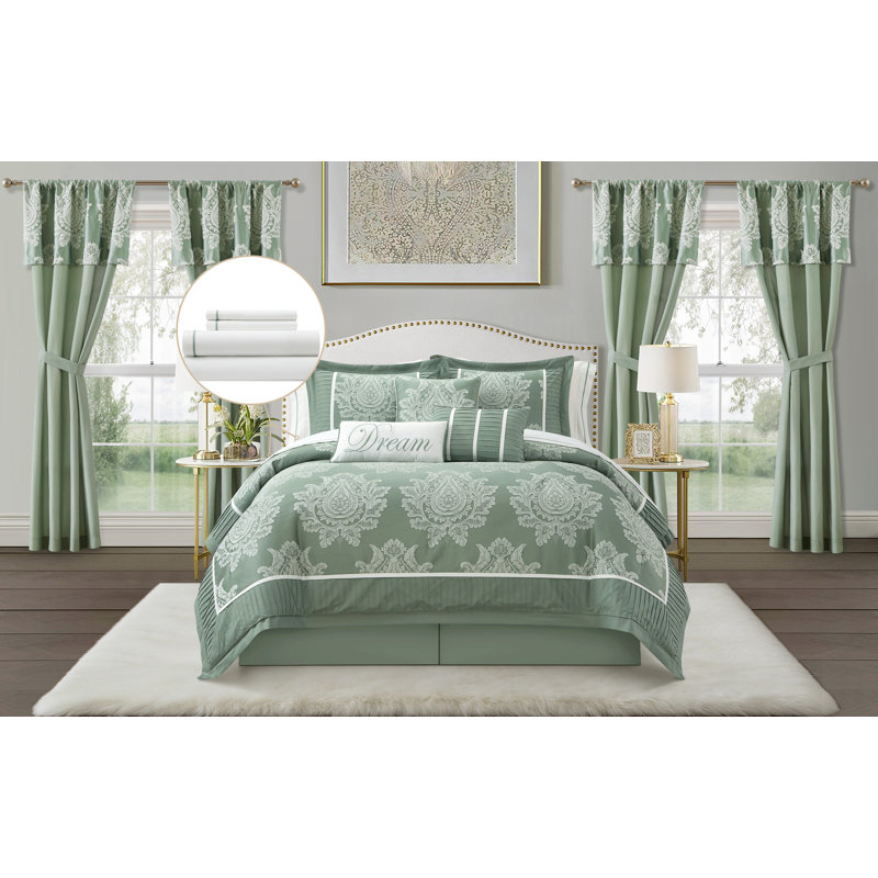 Therese Microfiber Jacquard 15 Piece Comforter Set, California King, Sage