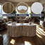 48" Curved Mango Wood Coffee Table with Pleated Base and Banswara Marble Top