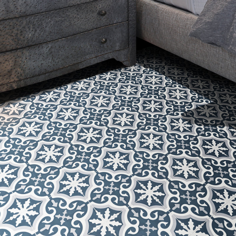 Argana 8" x 8" Cement Patterned Wall & Floor Tile, Navy Blue/White