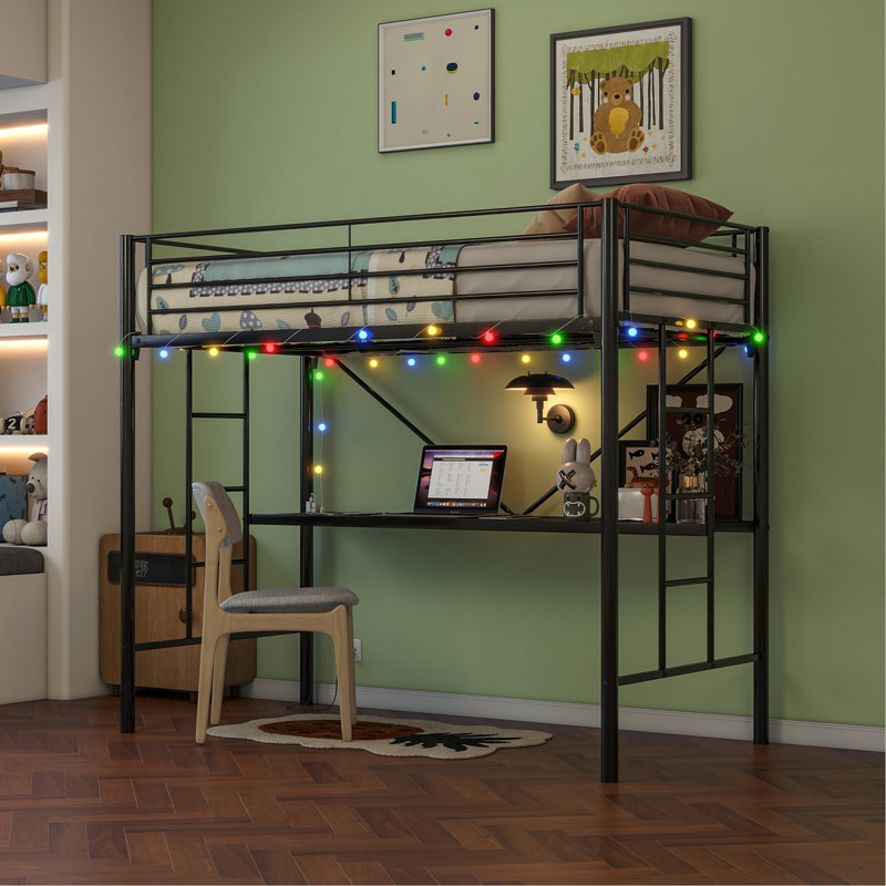 Lit mezzanine en métal avec bureau, prise de courant et éclairage DEL