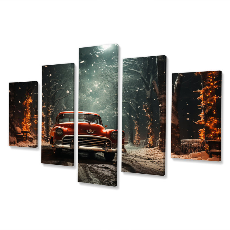  «Red Classic American Car Winter Snow - Car Old American Multipanel Wall Art