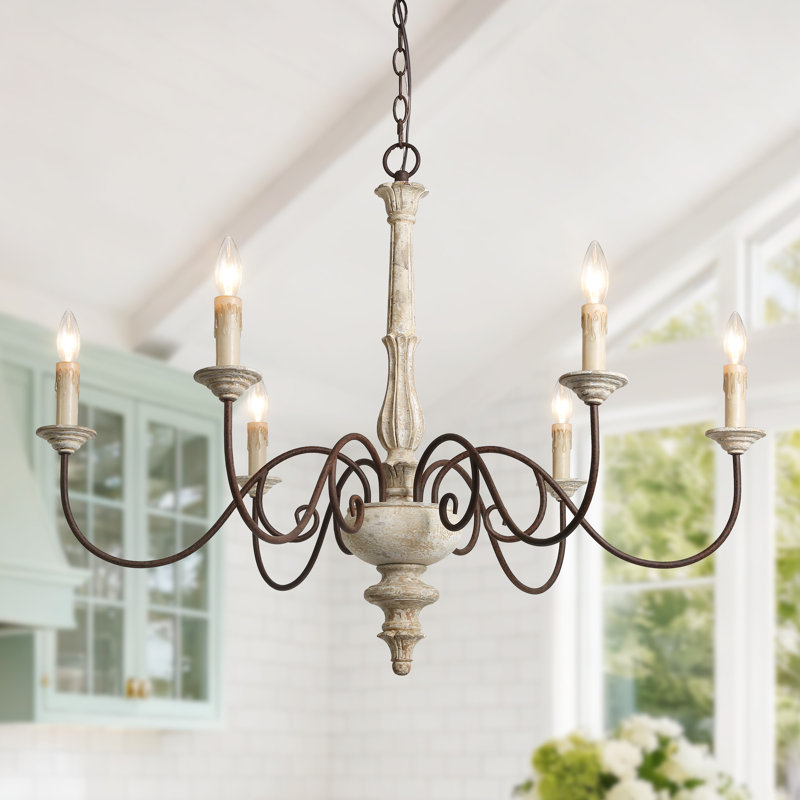 Grand lustre classique 37 po avec bois de style Freddi 6 lumières