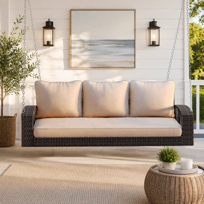 Balancelle de porche 3 places en résine tressée PE de 175 cm avec chaînes, grande balancelle de patio avec coussins confortables pour jardin et cour arrière