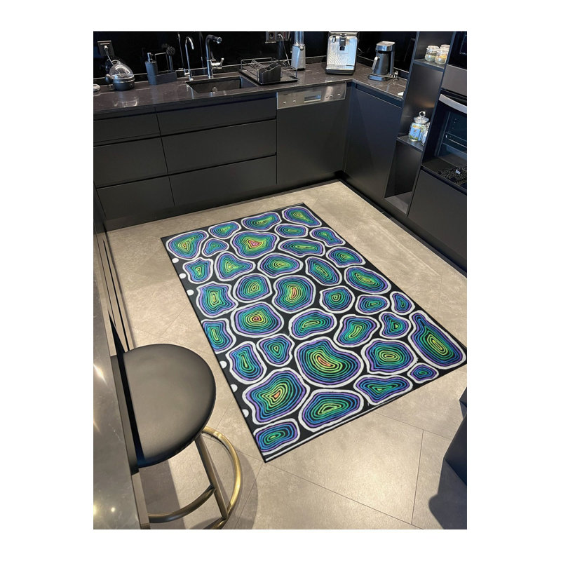 Tapis décoratif multicolore à motif tissé bleu lavable à la machine, Carré 3 pi 3 po