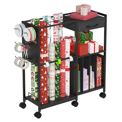 Wrapping Paper Storage Cart with 12PCS Slap Bands, Rolling Organizer with Drawer, Hooks & Brakes, Mobile Gift Wrapping Station for Paper, Bags and Ribbons