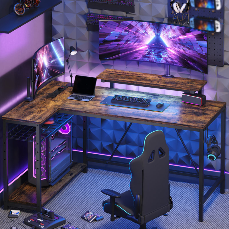 Adran Metal Base L-Shaped Computer Desk with Monitor Stand and Shelves, Gaming Table with Power Out