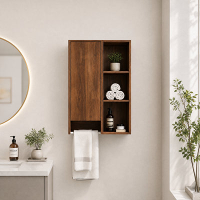 Combo armoire murale 24 po et tablette de rangement avec porte à fermeture douce, finition ébène brun, organisateur de salle de bain 2 en 1 avec porte-serviettes pour petits espaces