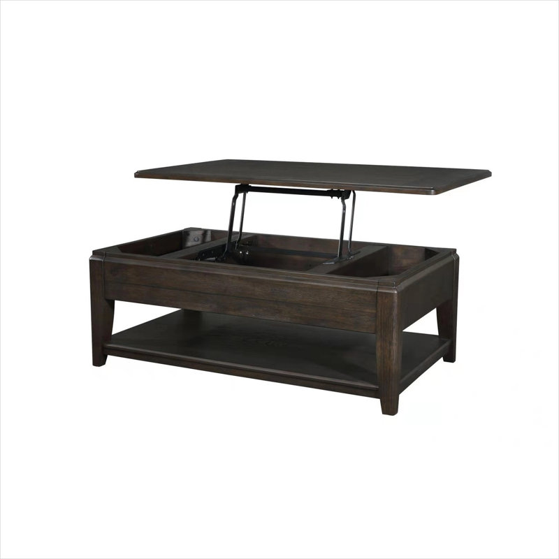 Table basse à plateau relevable en bois massif avec rangement caché et roulettes, finition acajou, rectangulaire, 50 pouces de largeur