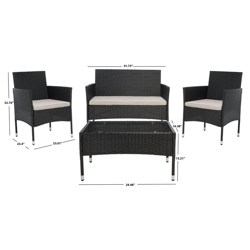 Wood Wicker 4 - Person Patio Conversation Set with Cushions, Black Frame /Light Gray Cushion