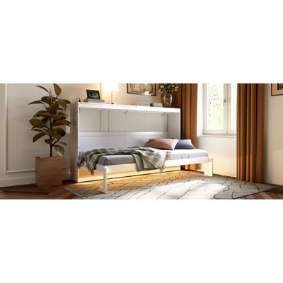 Lit escamotable simple de taille simple pliable sur le côté avec motif imprimé tendance, éclairage à DEL sous le lit et prise USB intégrée - Design peu encombrant - blanc