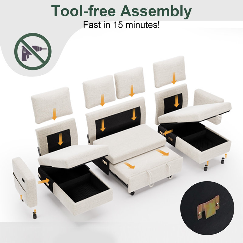 Canapé-lit en forme de U, canapé-lit convertible 4 places avec inclinaison à 4 niveaux, ports USB / Type-C, méridienne réversible et poches latérales