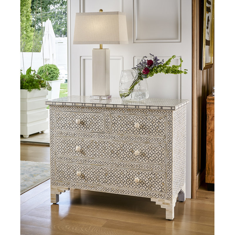 Gray and Beige Bone Inlay Coastal Accent Chest