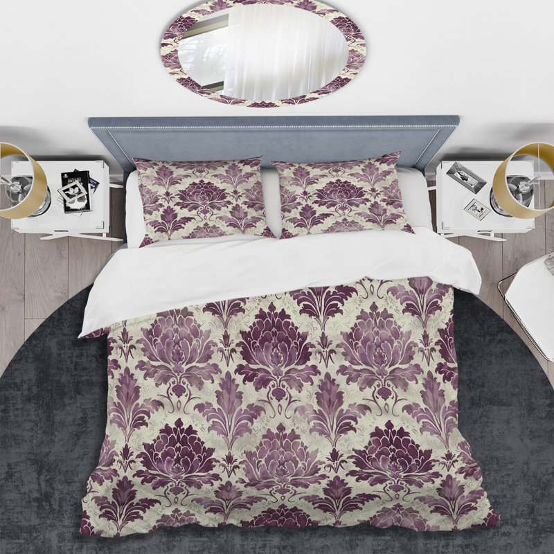 Ensemble de housse de couette mauve à motif floral damassé beige et mauve II