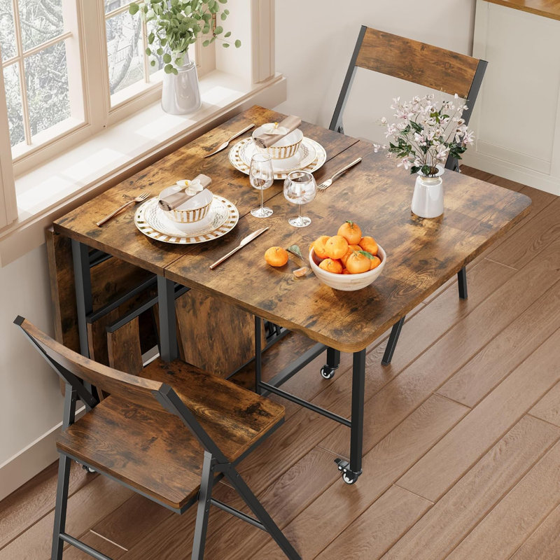 Ensemble de table de salle à manger pour 4 personnes, table de salle à manger pliante avec 4 chaises pliantes, table à abattants et chaises pivotantes, pour petit espace, appartement, cuisine, salle à manger, brun rustique