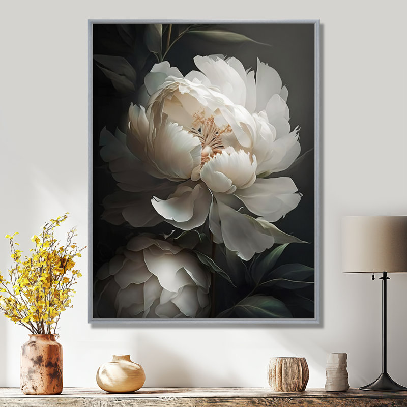 Peony Flower III - Print on Canvas, 20" H x 12" W, Silver Floater Framed