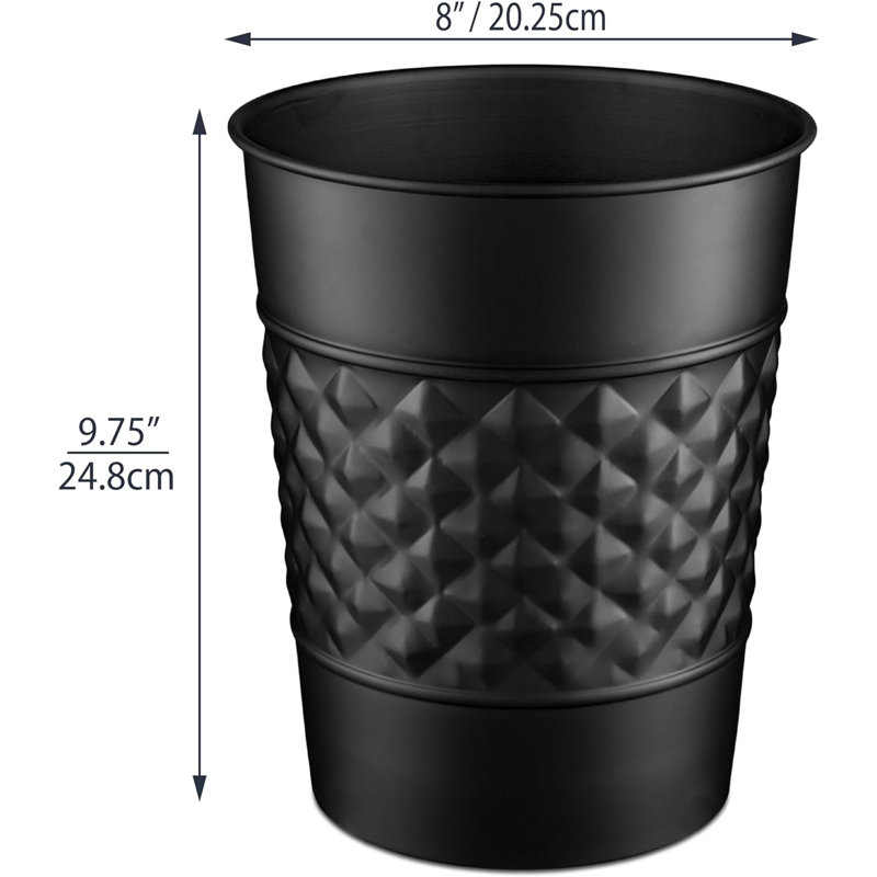 Matte Black Geometric Embossed Metal Bathroom Trash Can