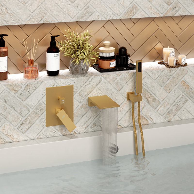 Doux Wall Mounted Waterfall Tub Spout with Diverter and Handheld Shower Head, Brushed Gold
