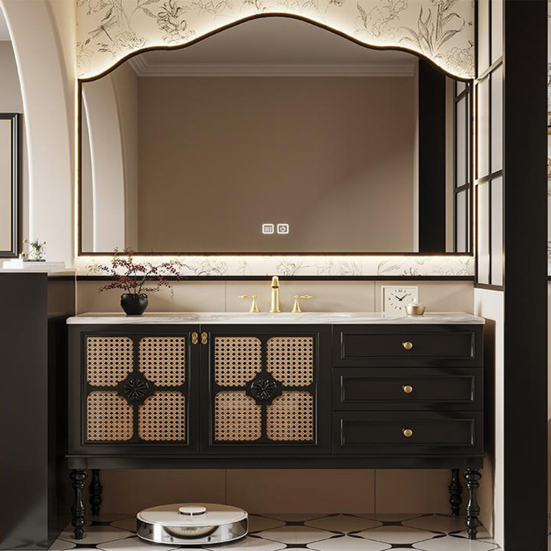 Armoire de salle de bain en rotin rétro de style français, H 32,28 po x l 59,06 po x P 21,65 po
