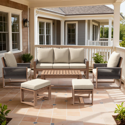 Ensemble de conversation 6 pièces en bois massif avec coussin moelleux, repose-pieds et table basse pour patio, cour, jardin, piscine