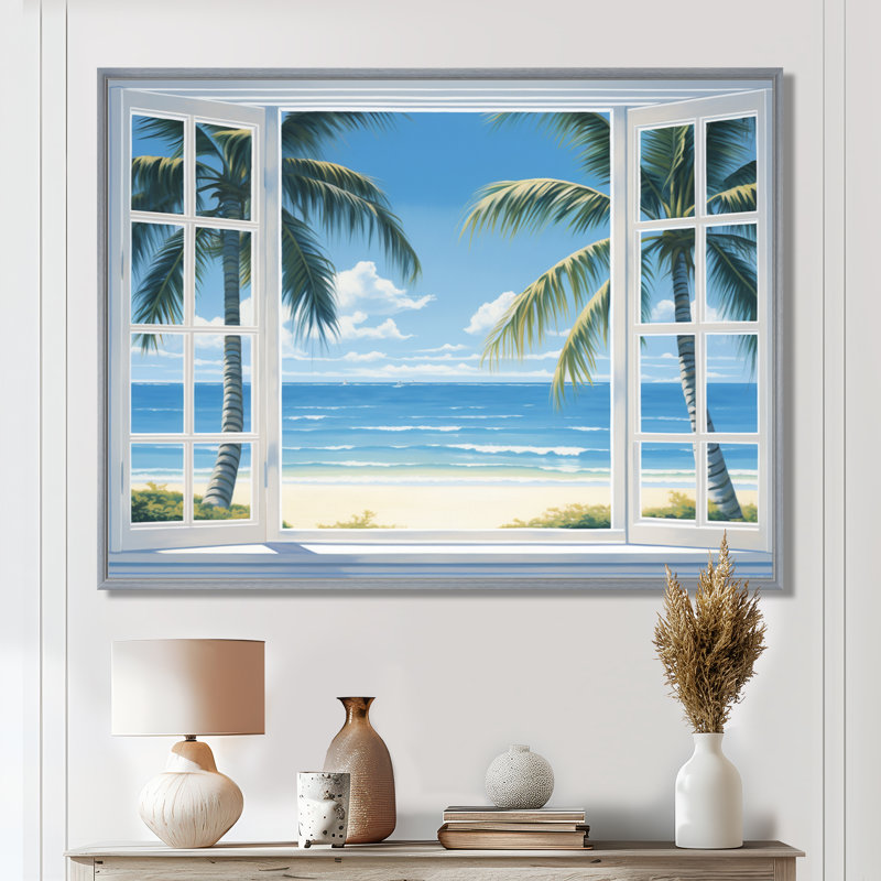 Vue sur l'océan par une fenêtre blanche ouverte I - art sur toile côtier, H 16 po x l 32 po, Cadre flottant argent