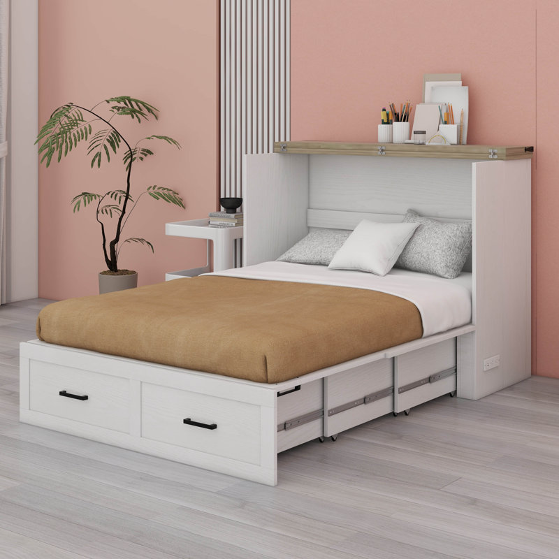 Armoire lit escamotable avec grand tiroir et station de charge, lit escamotable pliant pour bureau d'appartement dans la chambre d'amis