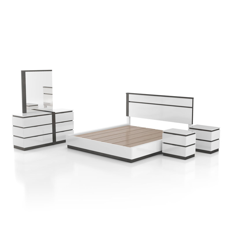 Arakawa 5-Piece Platform Bedroom Set, King, 5 Pcs: Bed, 2 Nightstand, Dresser, Mirror