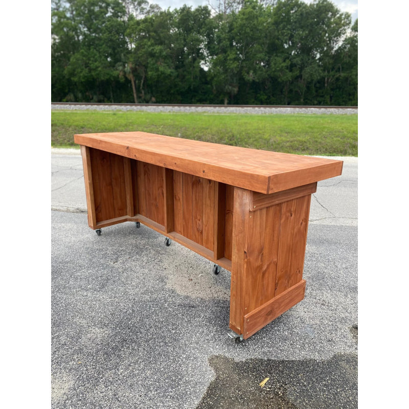 8' X 30" Outdoor Wooden Mobile Bar Counter With Caster Wheels And Storage Base
