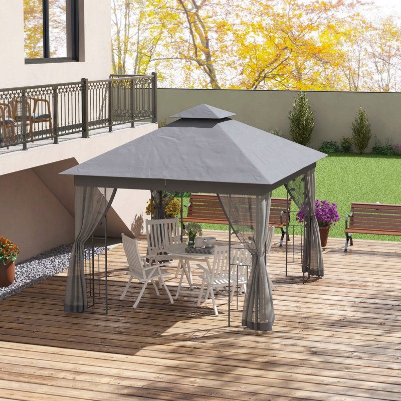 10X11.5FT Gazebo Metal, Mosquito Net For Garden Use With Double Roof & Tree Motifs (Gray), Gray