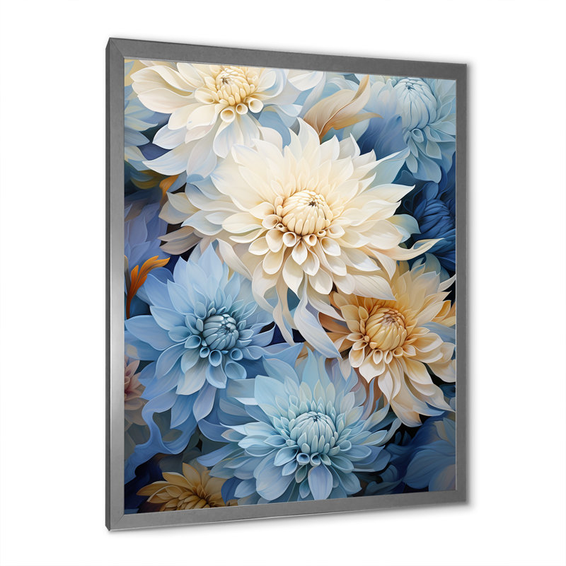 Blooming Mums, peinture en beige et bleu sur toile, Cadre simple argenté, H 32 po x l 24 po x P 1 po