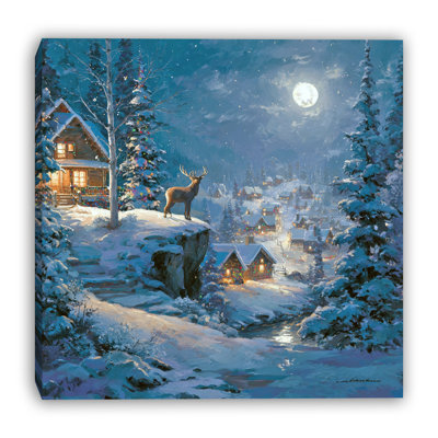 «Moonlit Deer Over Winter Village», art mural sur toile tendue