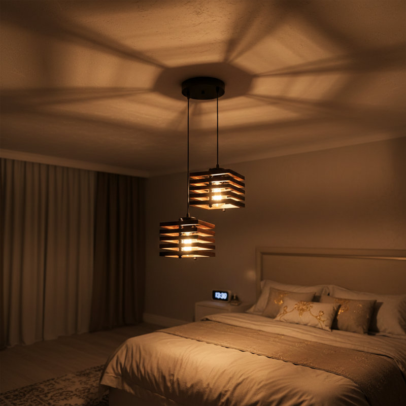 Luminaire suspendu géométrique en bois à 2 lumières Ellison, Noyer