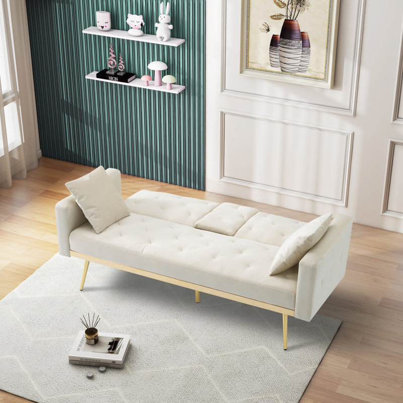 Ebelina Twin 67.7'' Velvet Convertible Sofa, Beige Velvet