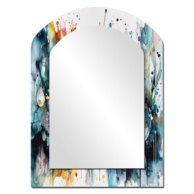 Captivating Boho Dance II - Abstract Asymmetrical Wall Mirror, Blue Arch Decorative Mirror, Printed Metal Art