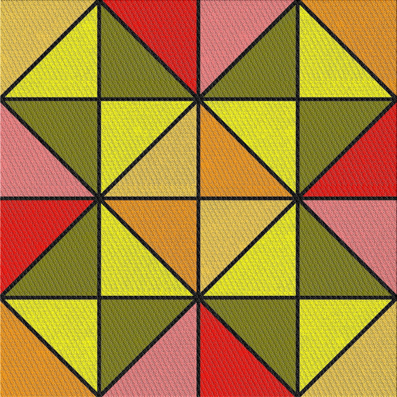 Tapis vert/jaune/rouge à motifs, Carré 8 pi