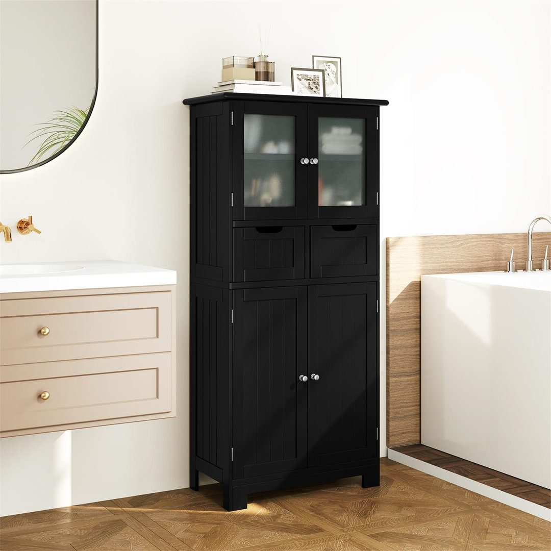 Bathroom Floor Cabinet, Freestanding Storage Cupboard With Tempered Glass Door, Drawers And Adjustable Shelves, Wooden Floor Storage Cabinet Unit For