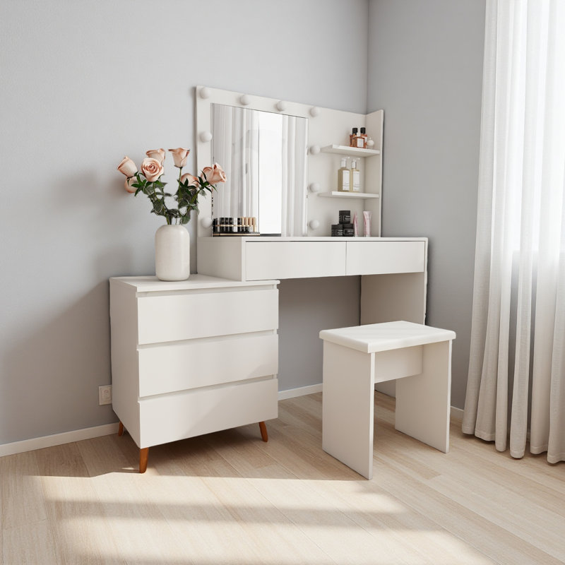 LED Lighted Makeup Vanity Table With Mirror - White Beauty Station With Storage Drawers, Matching Stool